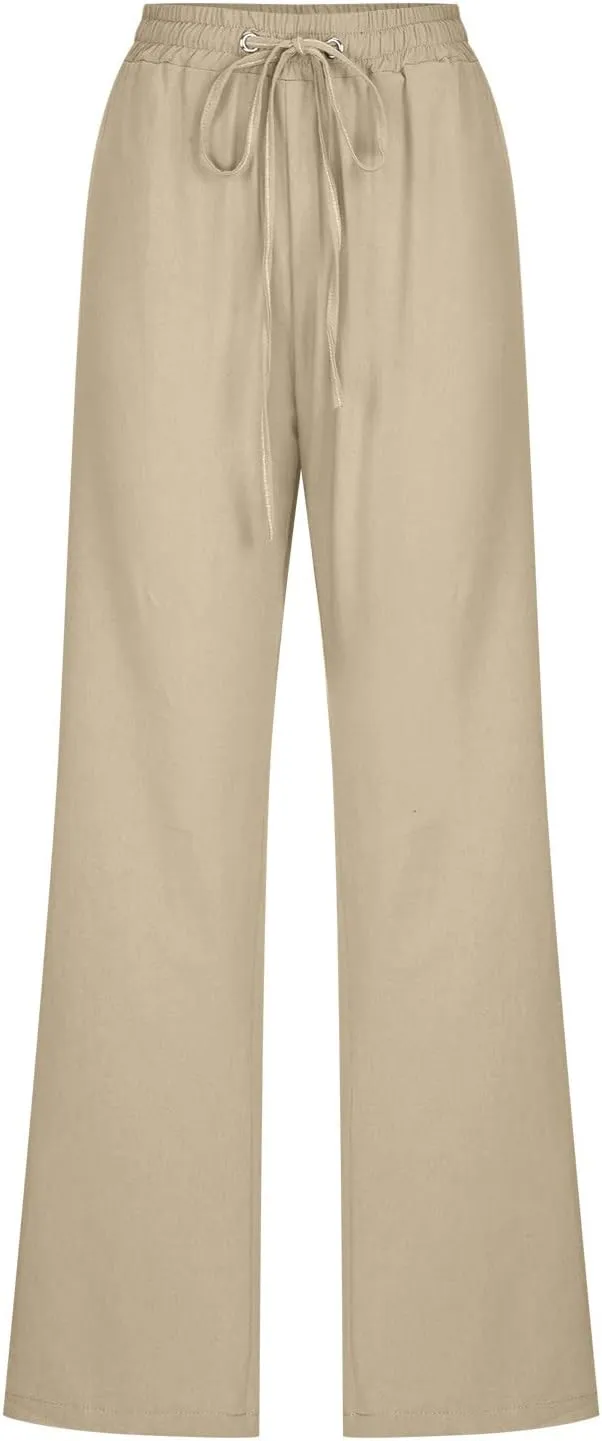 Womens Linen Pants Comfy Summer Pants High Waisted Casual Pants Straight Leg Work Pants Pull On Trousers with Pockets