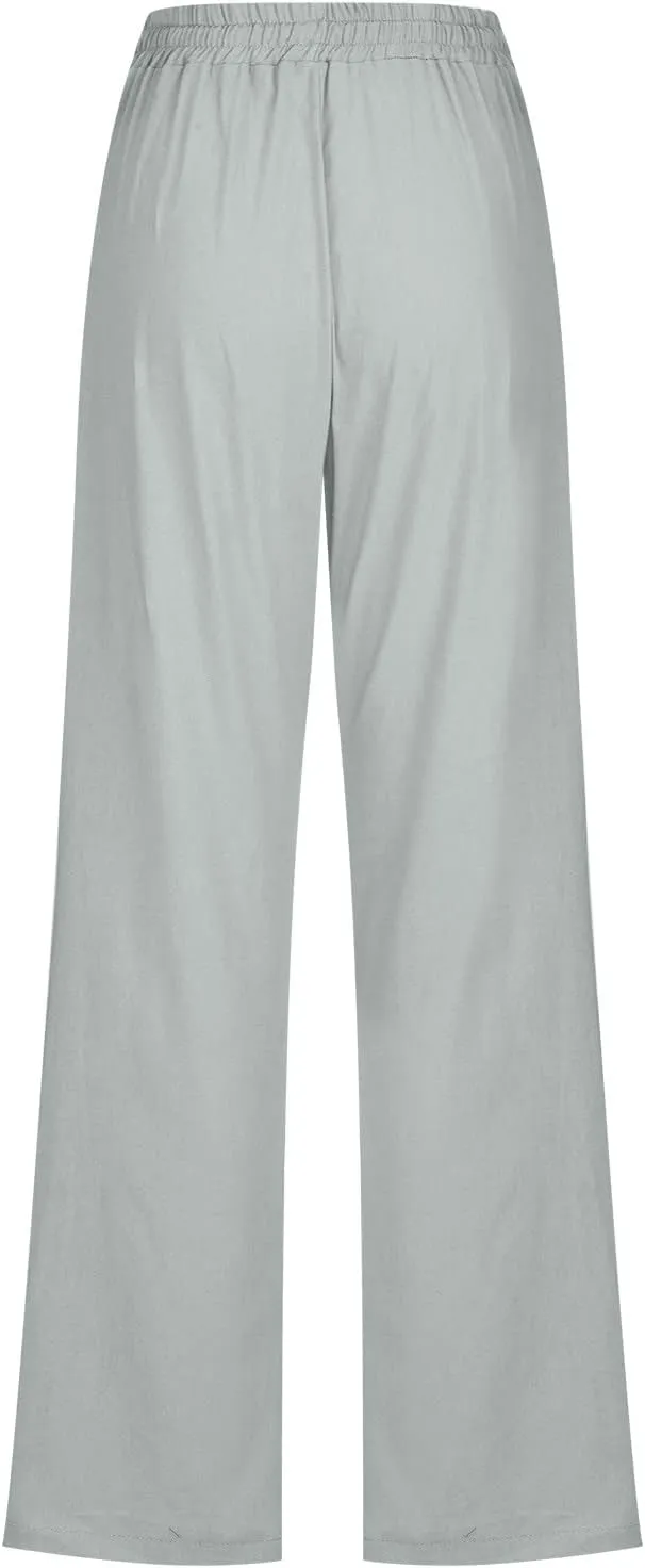 Womens Linen Pants Comfy Summer Pants High Waisted Casual Pants Straight Leg Work Pants Pull On Trousers with Pockets