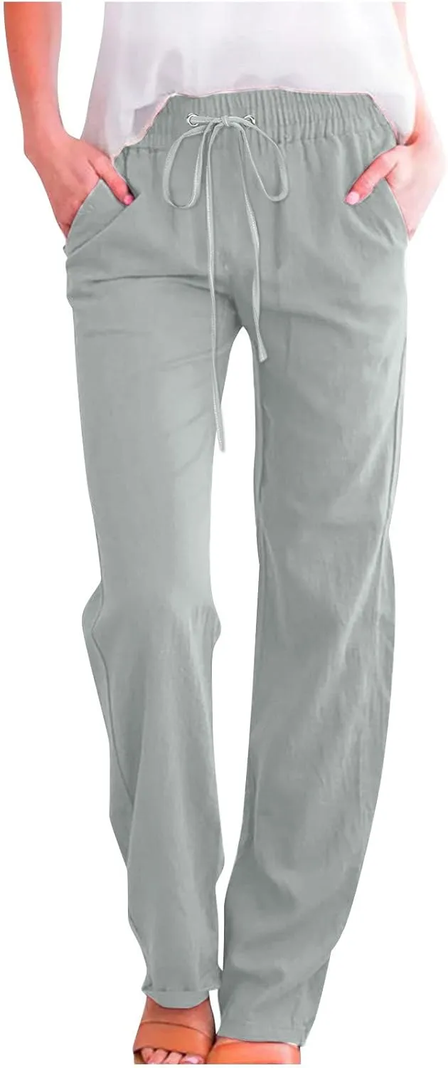 Womens Linen Pants Comfy Summer Pants High Waisted Casual Pants Straight Leg Work Pants Pull On Trousers with Pockets