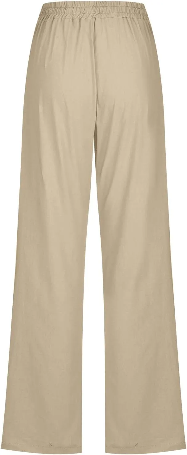 Womens Linen Pants Comfy Summer Pants High Waisted Casual Pants Straight Leg Work Pants Pull On Trousers with Pockets