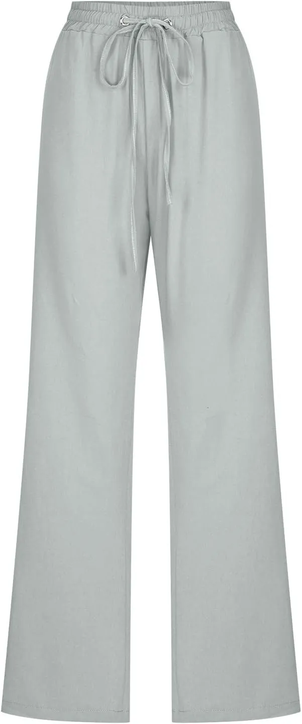 Womens Linen Pants Comfy Summer Pants High Waisted Casual Pants Straight Leg Work Pants Pull On Trousers with Pockets