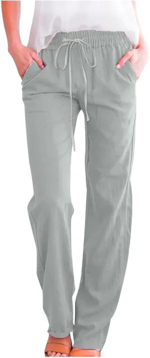 Womens Linen Pants Comfy Summer Pants High Waisted Casual Pants Straight Leg Work Pants Pull On Trousers with Pockets