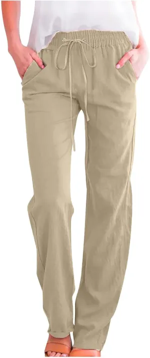 Womens Linen Pants Comfy Summer Pants High Waisted Casual Pants Straight Leg Work Pants Pull On Trousers with Pockets