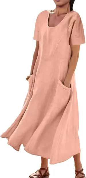 Women's Long Linen Cotton Summer Dresses Short Sleeve Elegant Flowy Dresses Loose Solid Loungewear Dress with Pockets