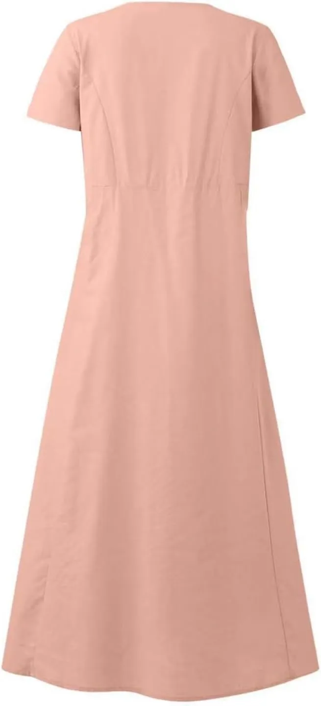 Women's Long Linen Cotton Summer Dresses Short Sleeve Elegant Flowy Dresses Loose Solid Loungewear Dress with Pockets