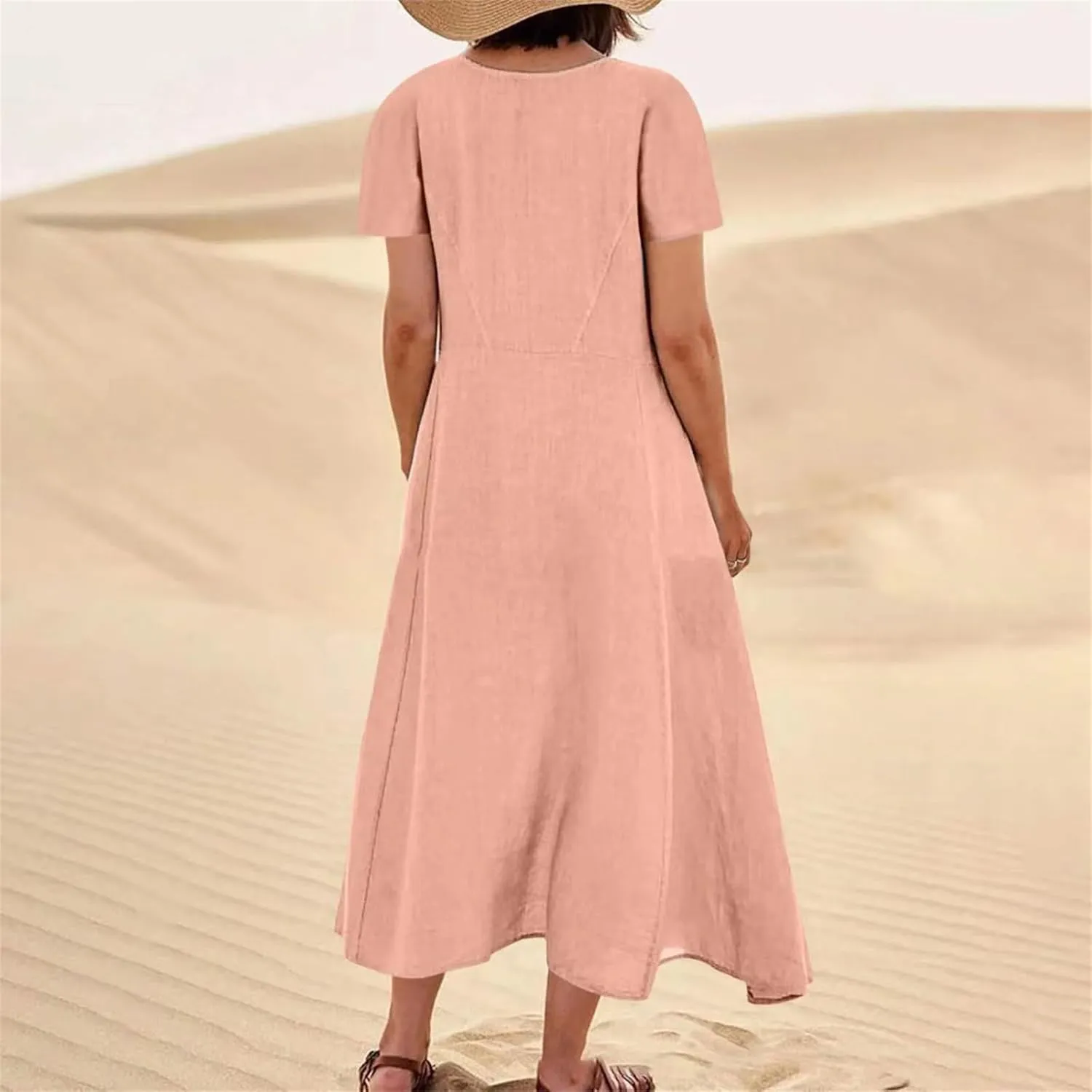 Women's Long Linen Cotton Summer Dresses Short Sleeve Elegant Flowy Dresses Loose Solid Loungewear Dress with Pockets