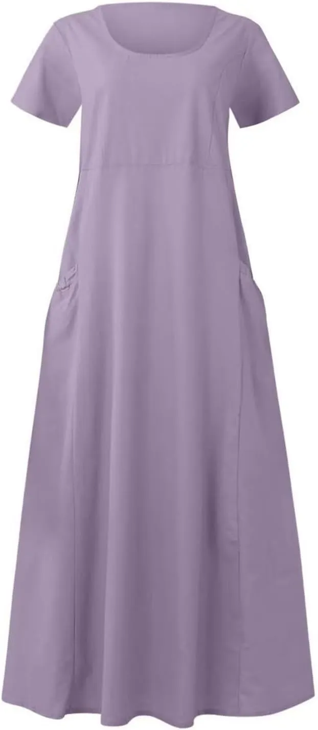 Women's Long Linen Cotton Summer Dresses Short Sleeve Elegant Flowy Dresses Loose Solid Loungewear Dress with Pockets