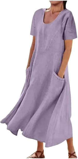 Women's Long Linen Cotton Summer Dresses Short Sleeve Elegant Flowy Dresses Loose Solid Loungewear Dress with Pockets