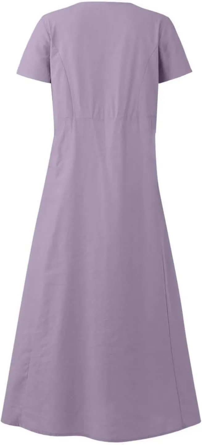 Women's Long Linen Cotton Summer Dresses Short Sleeve Elegant Flowy Dresses Loose Solid Loungewear Dress with Pockets