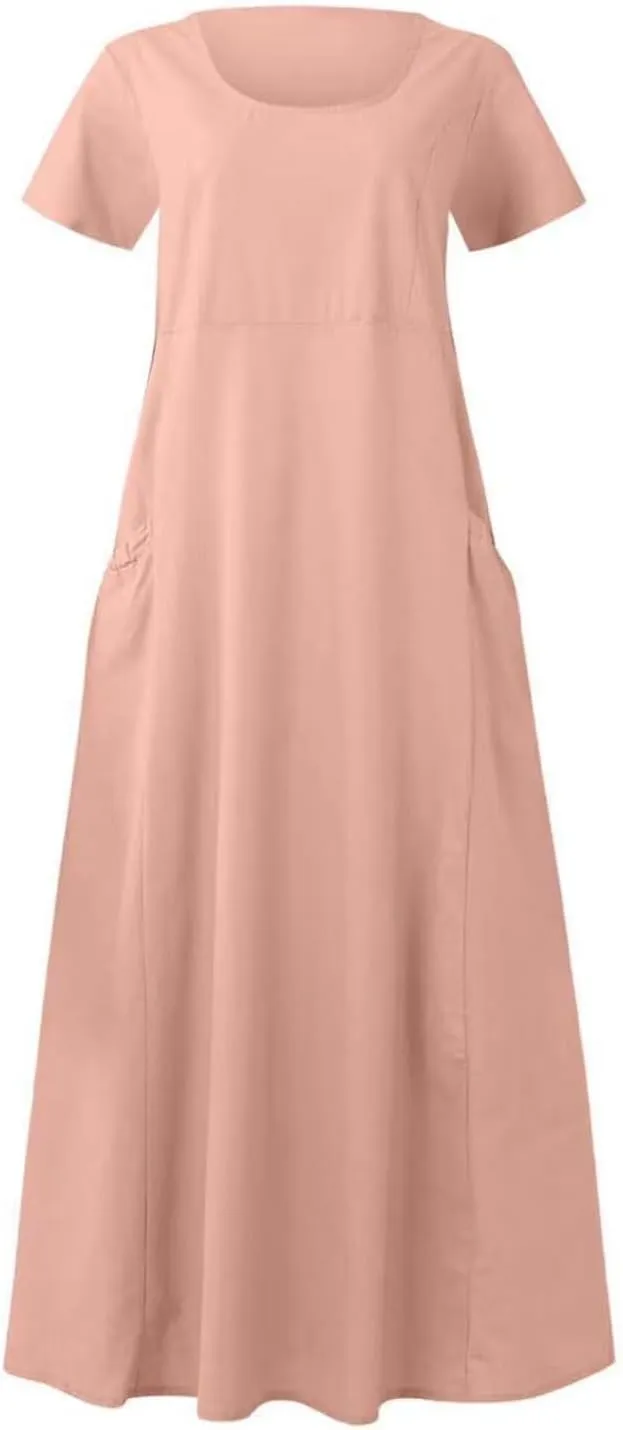 Women's Long Linen Cotton Summer Dresses Short Sleeve Elegant Flowy Dresses Loose Solid Loungewear Dress with Pockets