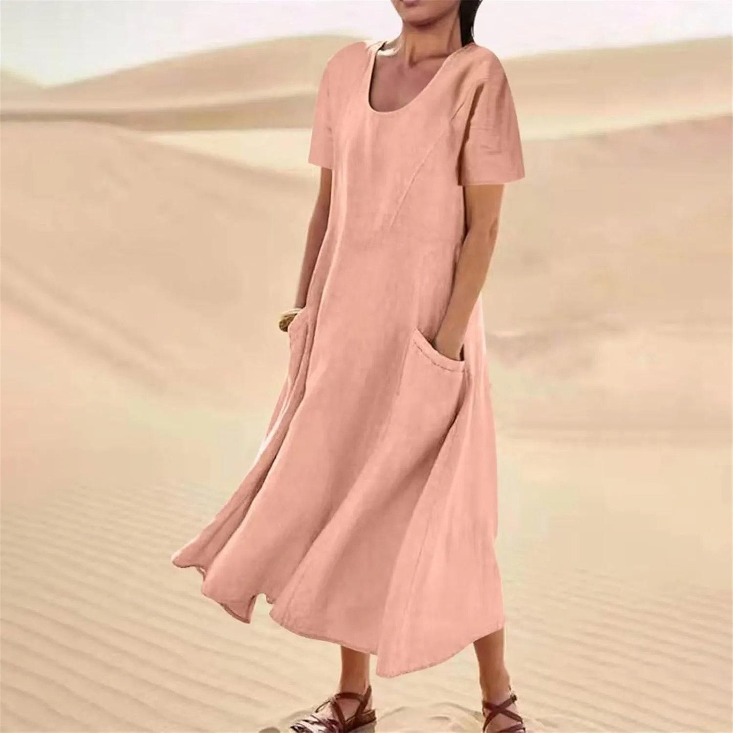 Women's Long Linen Cotton Summer Dresses Short Sleeve Elegant Flowy Dresses Loose Solid Loungewear Dress with Pockets