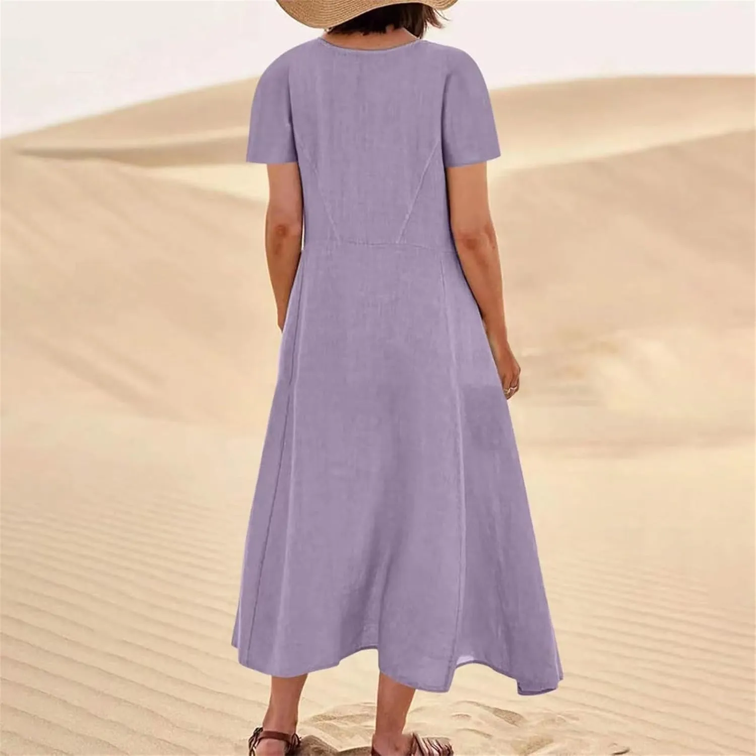 Women's Long Linen Cotton Summer Dresses Short Sleeve Elegant Flowy Dresses Loose Solid Loungewear Dress with Pockets