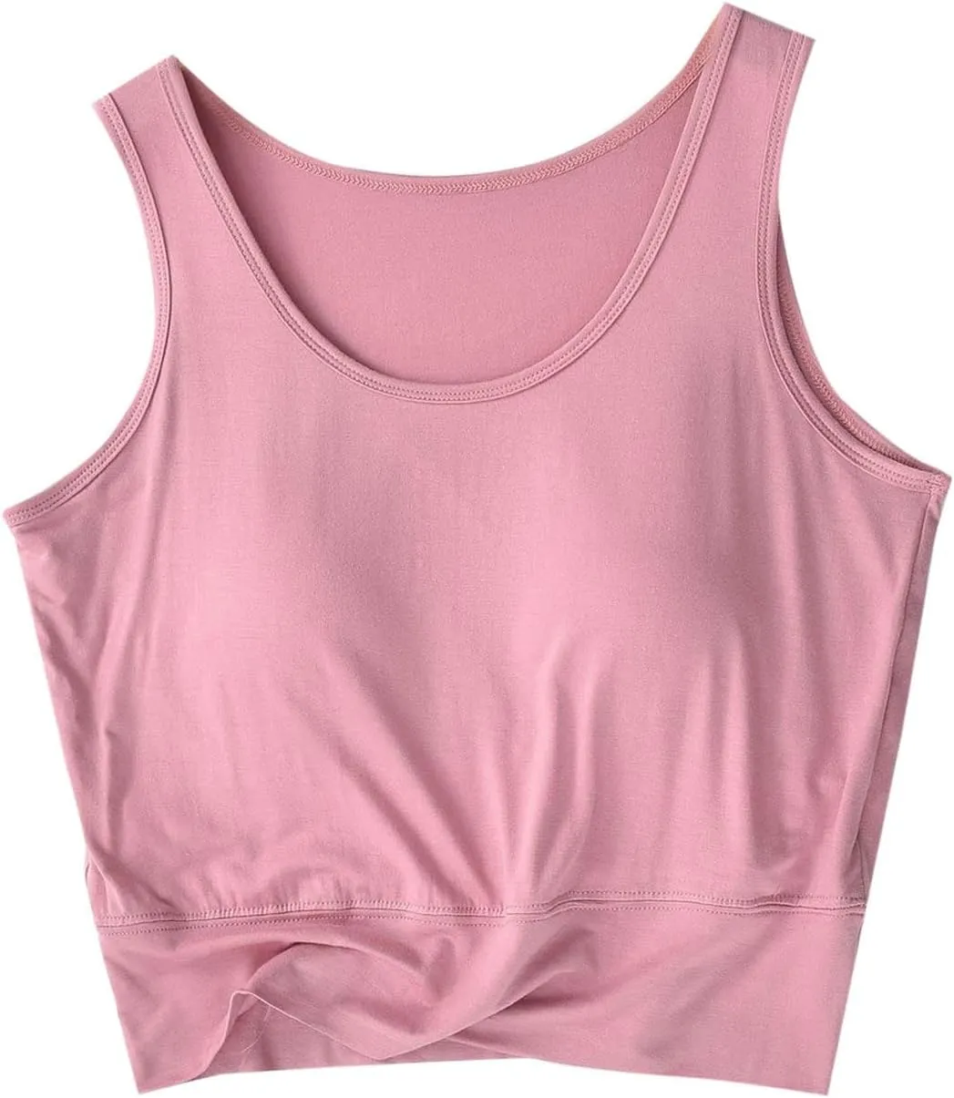 Women's Modal Crop Tank Top Built in Bra, Summer Comfy Breathable Running Workout Clothes Light Support Slim Tops