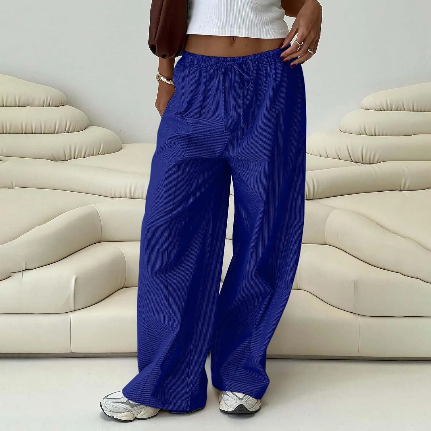 Women's Pants Comfy Corduroy Straight Wide Leg Pants Classic Elastic Waisted Loungewear Loose Plus Size Trousers