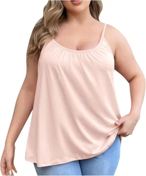 Women's Plus Size Tank Tops with Built in Bras 2025 Summer Casual Loose Fit Tunic Cami Spaghetti Strap Blouses