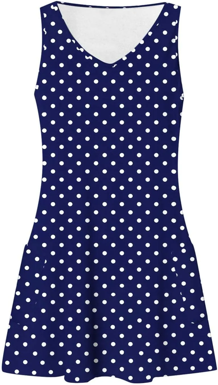 Women's Retro Polka Point Sundress Summer Casual Sleeveless V Neck Loose Beach Dresses Soft Breathable Loungewear
