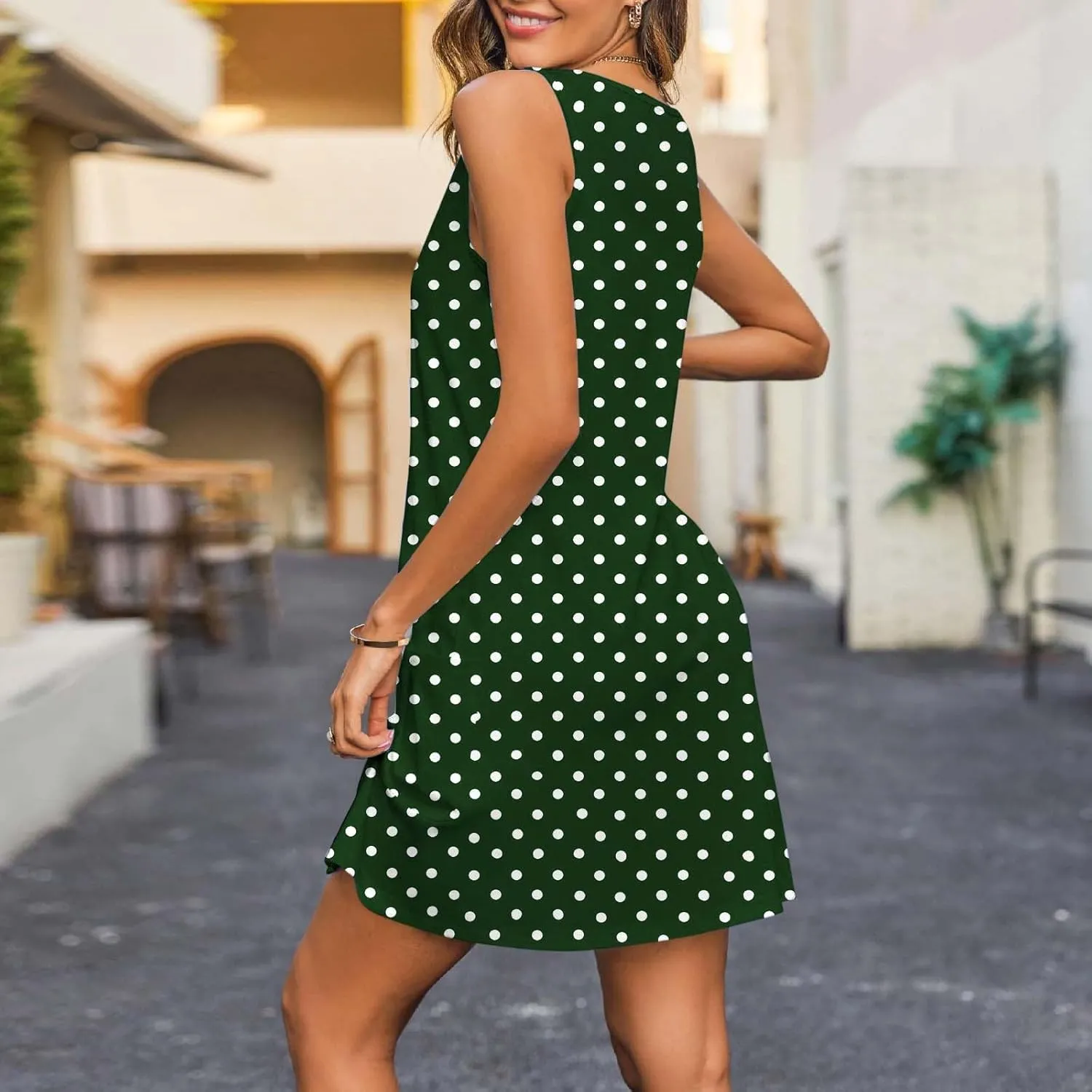 Women's Retro Polka Point Sundress Summer Casual Sleeveless V Neck Loose Beach Dresses Soft Breathable Loungewear