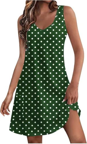 Women's Retro Polka Point Sundress Summer Casual Sleeveless V Neck Loose Beach Dresses Soft Breathable Loungewear