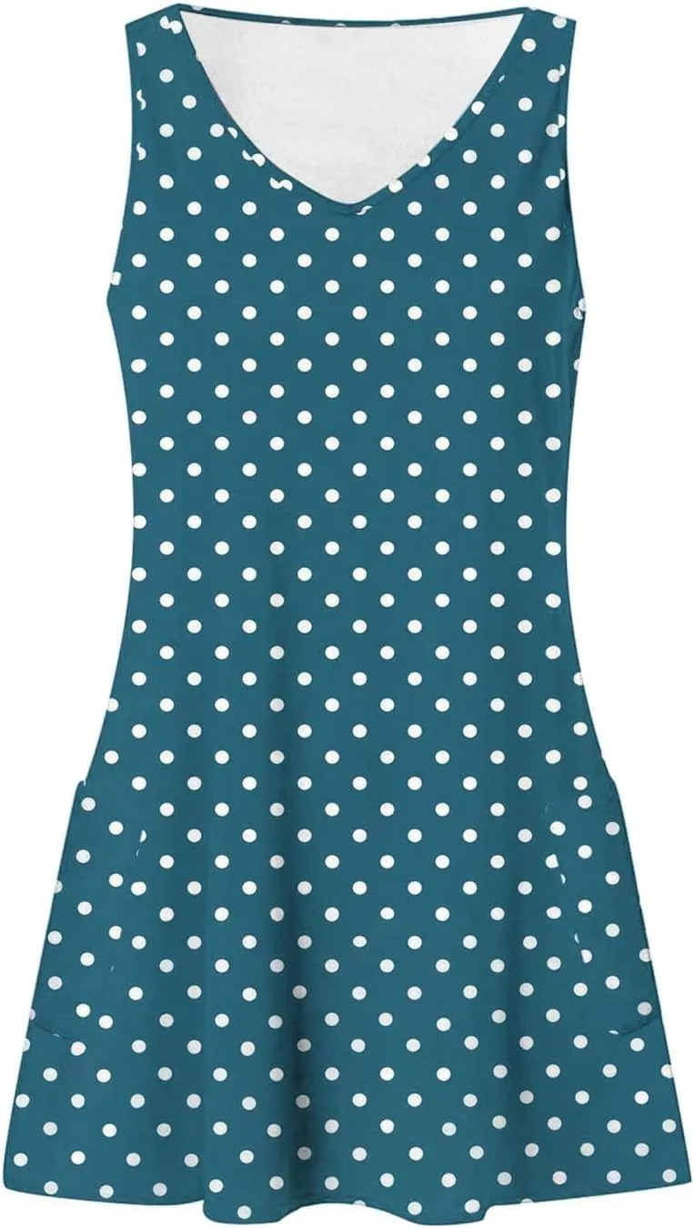 Women's Retro Polka Point Sundress Summer Casual Sleeveless V Neck Loose Beach Dresses Soft Breathable Loungewear