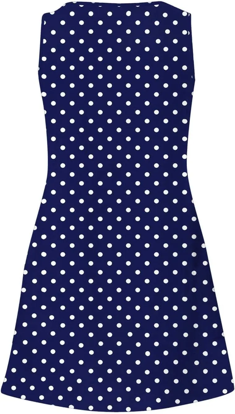 Women's Retro Polka Point Sundress Summer Casual Sleeveless V Neck Loose Beach Dresses Soft Breathable Loungewear