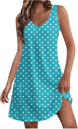 Women's Retro Polka Point Sundress Summer Casual Sleeveless V Neck Loose Beach Dresses Soft Breathable Loungewear