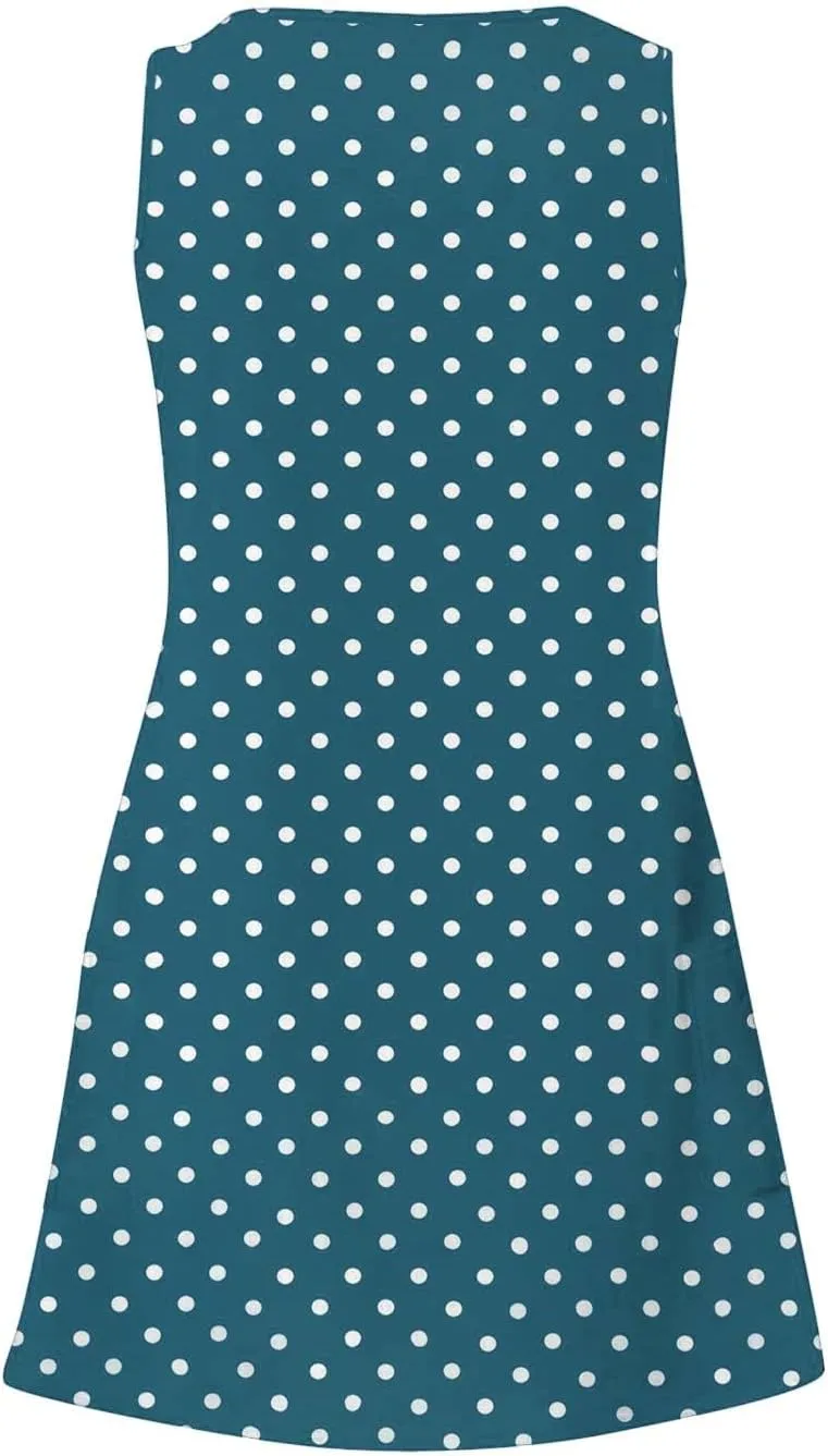 Women's Retro Polka Point Sundress Summer Casual Sleeveless V Neck Loose Beach Dresses Soft Breathable Loungewear