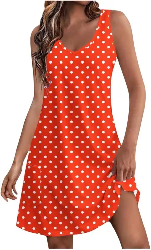 Women's Retro Polka Point Sundress Summer Casual Sleeveless V Neck Loose Beach Dresses Soft Breathable Loungewear