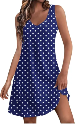 Women's Retro Polka Point Sundress Summer Casual Sleeveless V Neck Loose Beach Dresses Soft Breathable Loungewear