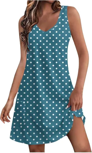 Women's Retro Polka Point Sundress Summer Casual Sleeveless V Neck Loose Beach Dresses Soft Breathable Loungewear