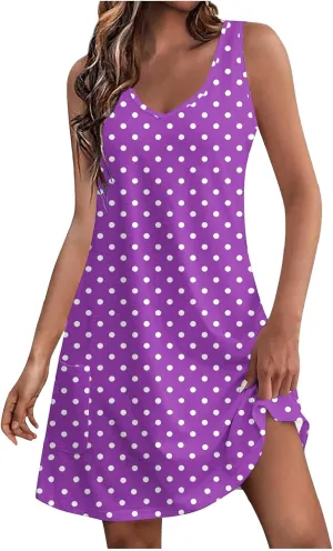 Women's Retro Polka Point Sundress Summer Casual Sleeveless V Neck Loose Beach Dresses Soft Breathable Loungewear