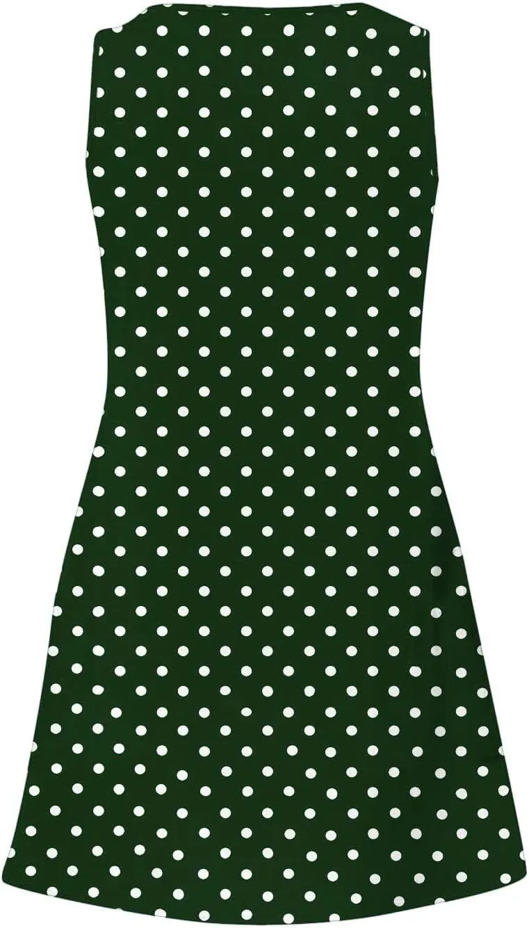 Women's Retro Polka Point Sundress Summer Casual Sleeveless V Neck Loose Beach Dresses Soft Breathable Loungewear