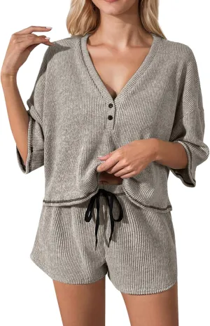 Womens Ribbed Knit Lounge Set Short Sleeve Top and Shorts Sleepwear Pajama Set Two Piece Shorts Outfits Set