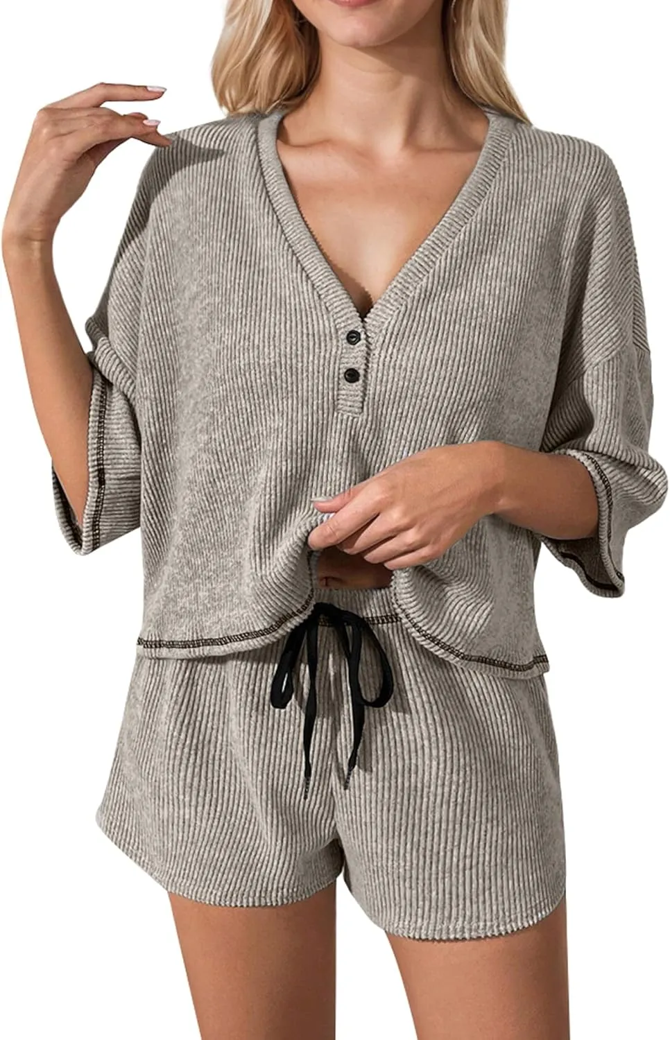 Womens Ribbed Knit Lounge Set Short Sleeve Top and Shorts Sleepwear Pajama Set Two Piece Shorts Outfits Set