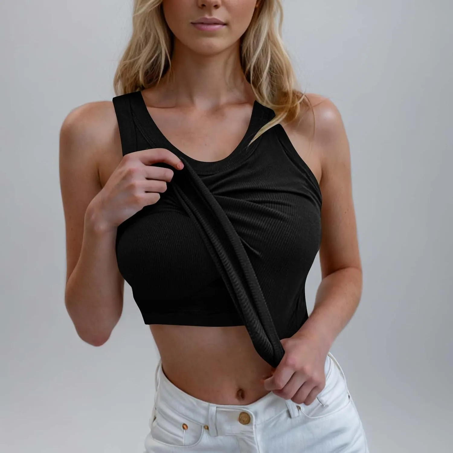 Womens Ribbed Knit Tank Tops with Built in Bras Summer Slim Fitness Athletic Workout Shirts Sleeveless Gym Basic Tees