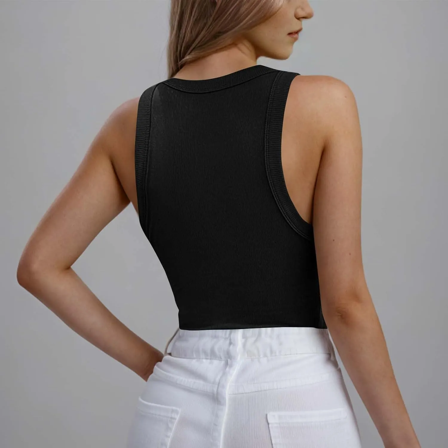 Womens Ribbed Knit Tank Tops with Built in Bras Summer Slim Fitness Athletic Workout Shirts Sleeveless Gym Basic Tees
