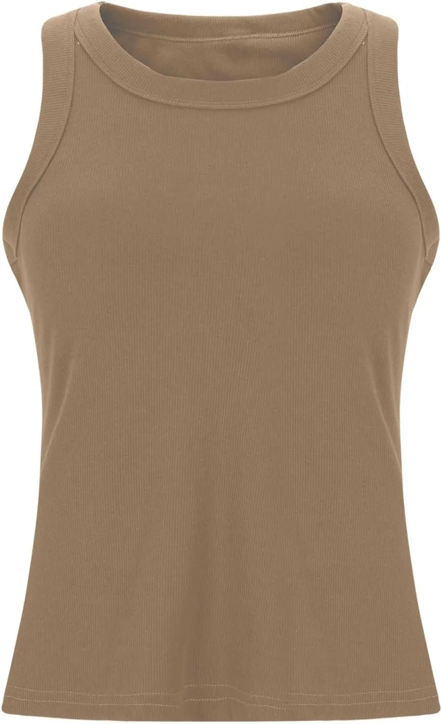 Womens Ribbed Knit Tank Tops with Built in Bras Summer Slim Fitness Athletic Workout Shirts Sleeveless Gym Basic Tees