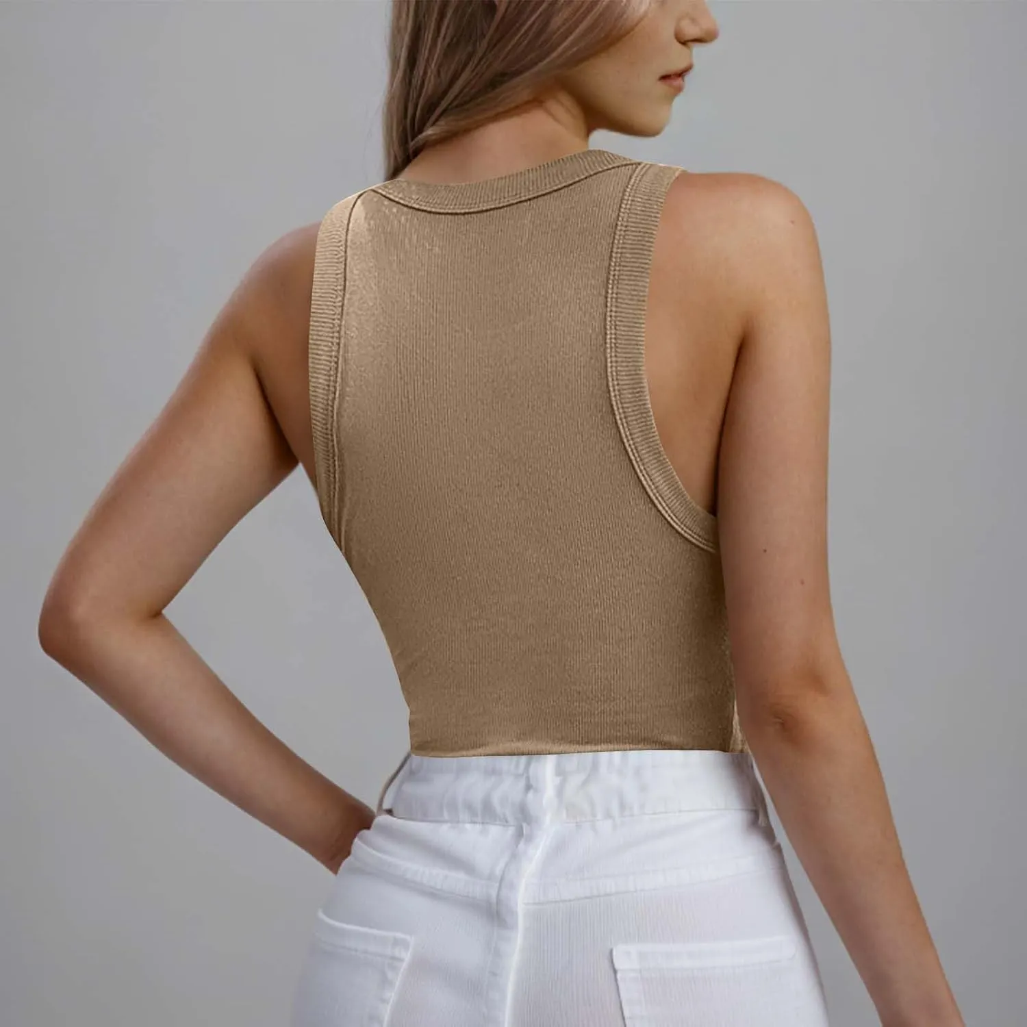 Womens Ribbed Knit Tank Tops with Built in Bras Summer Slim Fitness Athletic Workout Shirts Sleeveless Gym Basic Tees