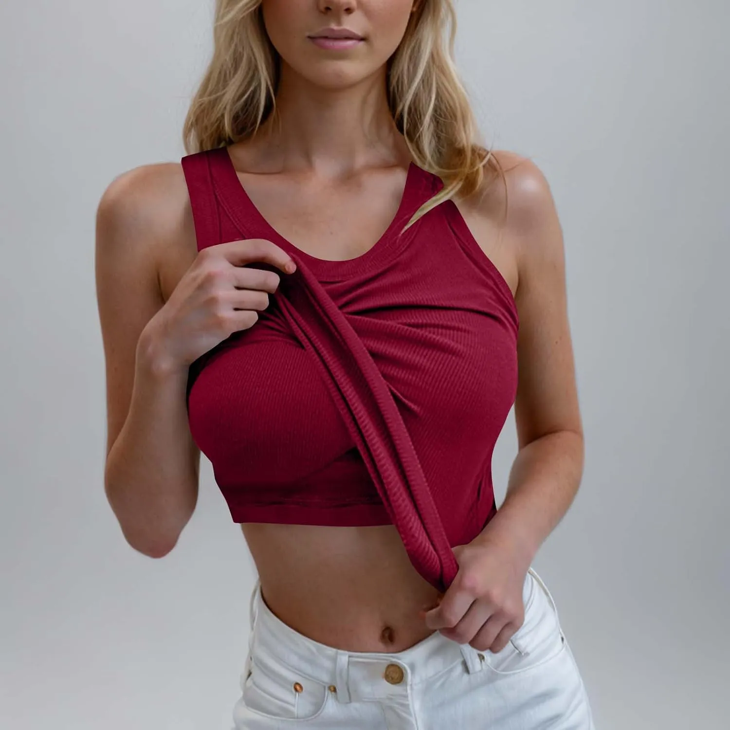 Womens Ribbed Knit Tank Tops with Built in Bras Summer Slim Fitness Athletic Workout Shirts Sleeveless Gym Basic Tees