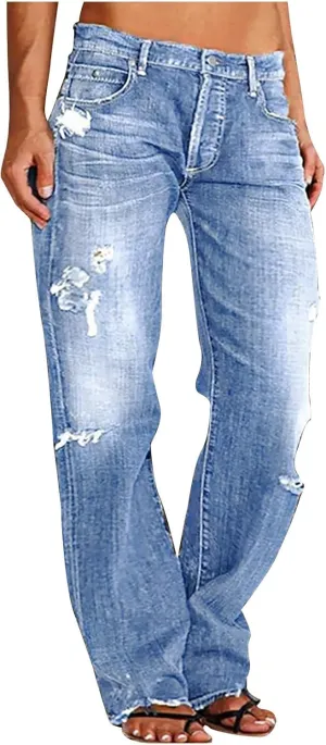 Womens Ripped Jeans Straight Leg Distressed Denim Pants High Waisted Stretch Destroyed Boyfriend Jeans with Pockets