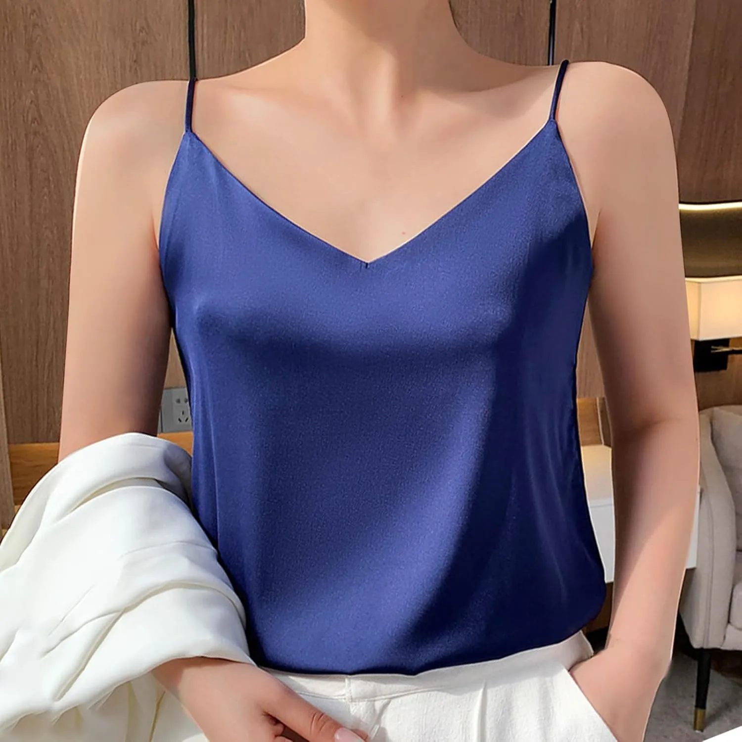 Womens Silk Satin Cami Tops Summer Cute Spaghetti Strap Camisole Sleeveless V Neck Basic Crop Tank Shirt Loungewear