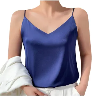 Womens Silk Satin Cami Tops Summer Cute Spaghetti Strap Camisole Sleeveless V Neck Basic Crop Tank Shirt Loungewear