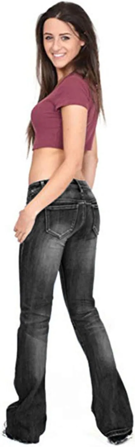 Women's Skinny Girlfriend Jeans Stretchy Bell Bottom Bootcut Denim Pant Sexy Slimming Mid Waisted Flare Bottom Jeans
