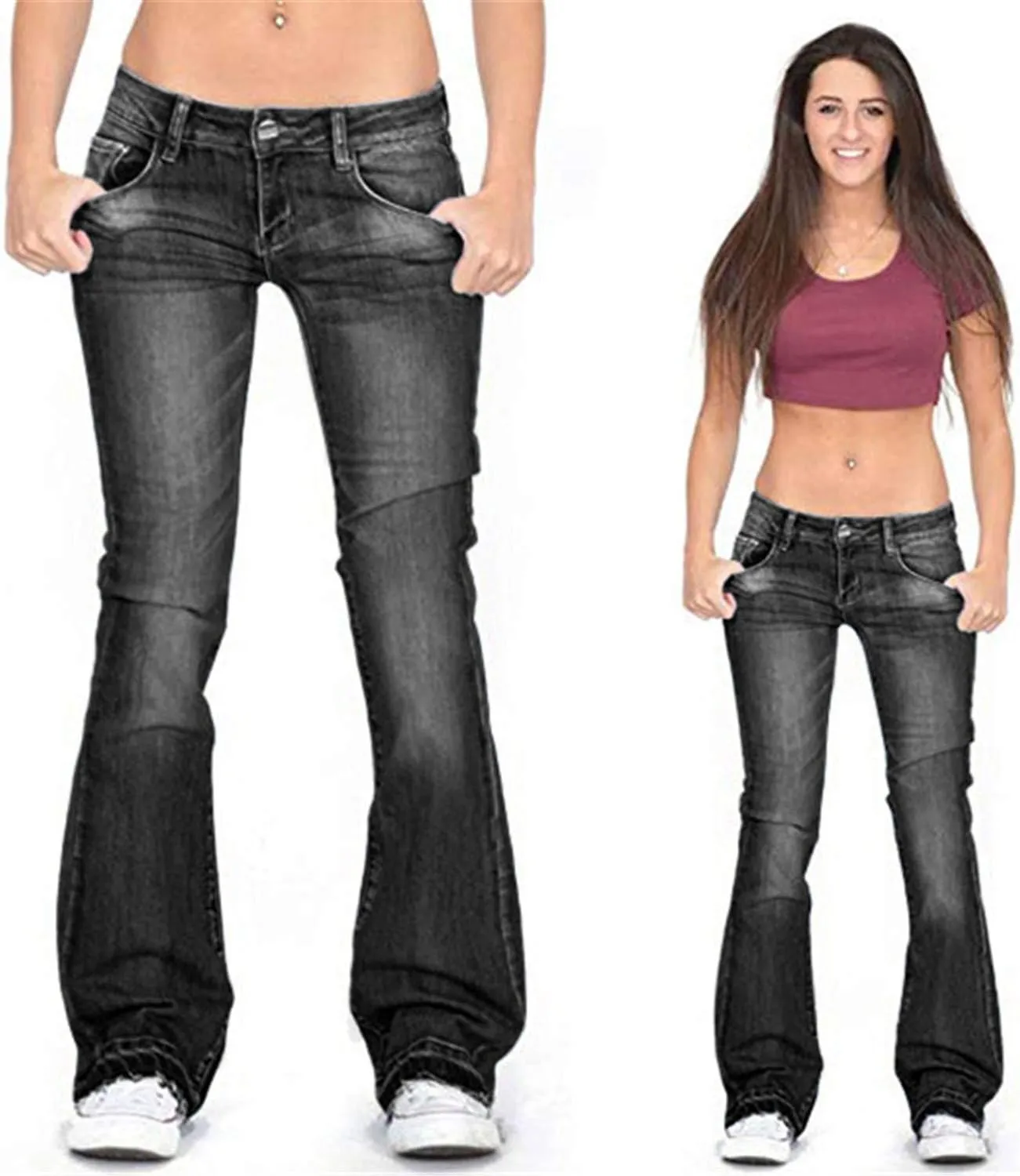 Women's Skinny Girlfriend Jeans Stretchy Bell Bottom Bootcut Denim Pant Sexy Slimming Mid Waisted Flare Bottom Jeans