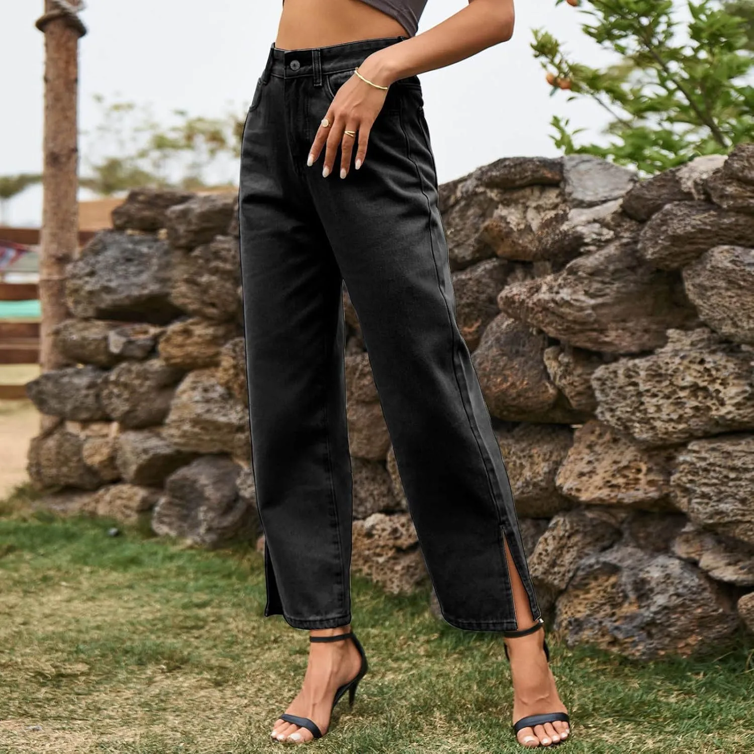 Women's Split Hem Jeans Straight Leg Denim Pants High Waisted Stretch Boyfriend Jeans with Pockets