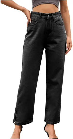 Women's Split Hem Jeans Straight Leg Denim Pants High Waisted Stretch Boyfriend Jeans with Pockets