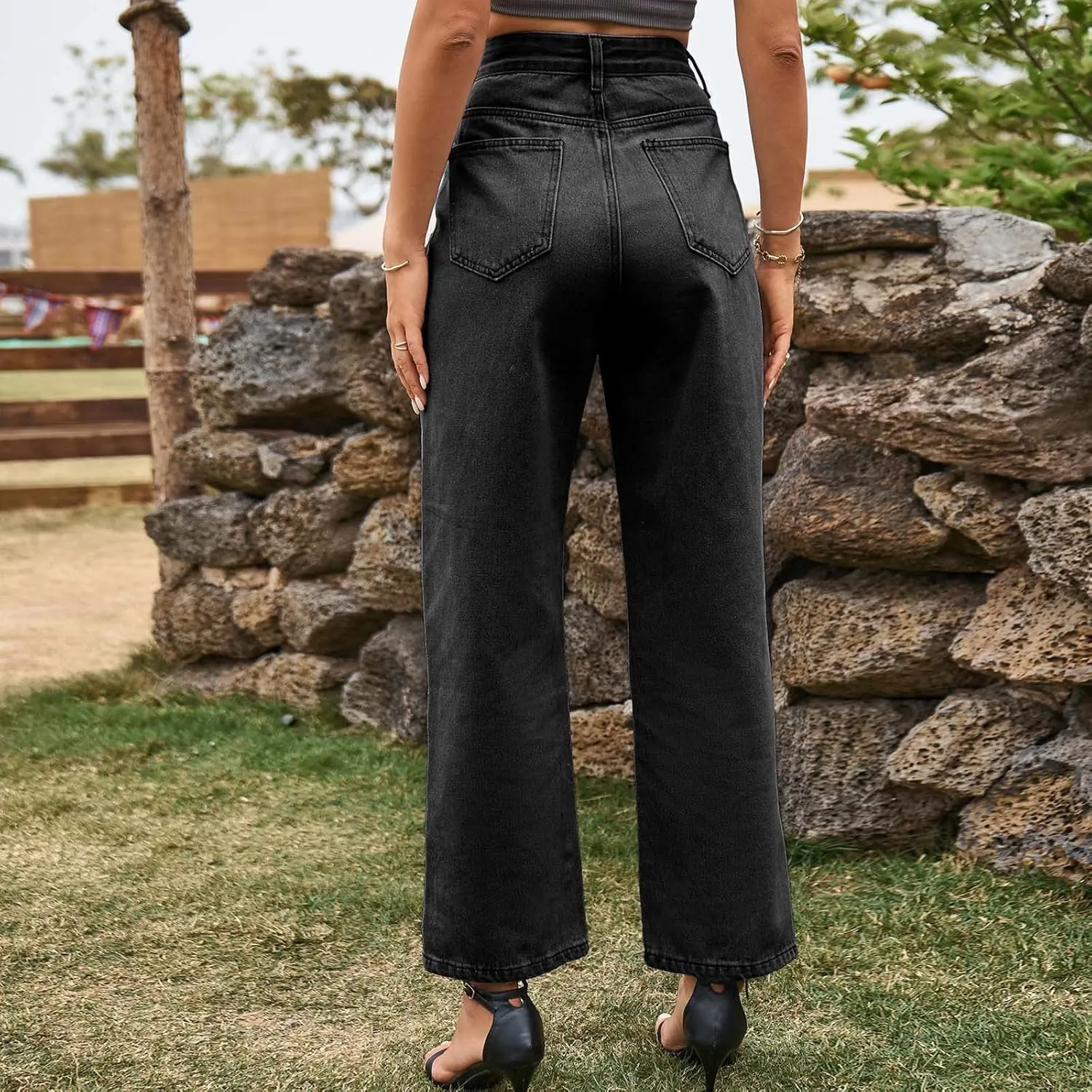 Women's Split Hem Jeans Straight Leg Denim Pants High Waisted Stretch Boyfriend Jeans with Pockets