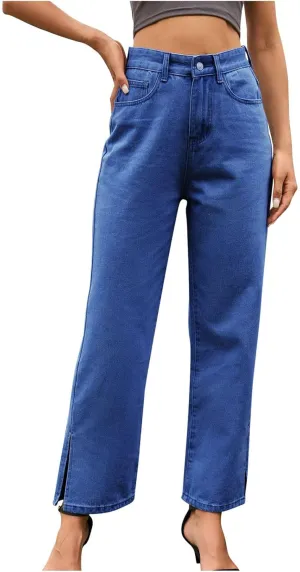 Women's Split Hem Jeans Straight Leg Denim Pants High Waisted Stretch Boyfriend Jeans with Pockets