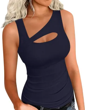 Womens Summer Cutout Tank Tops Ribbed Knit Sleeveless Shirts Slim Fitted Tanks Y2K Sexy Basic Tee Shirt Outfits