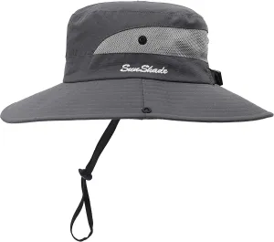 Womens Summer Sun Hat Beach Hat Wide Brim Outdoor UV Protection Hat Foldable Cool Mesh Ponytail Bucket Hat