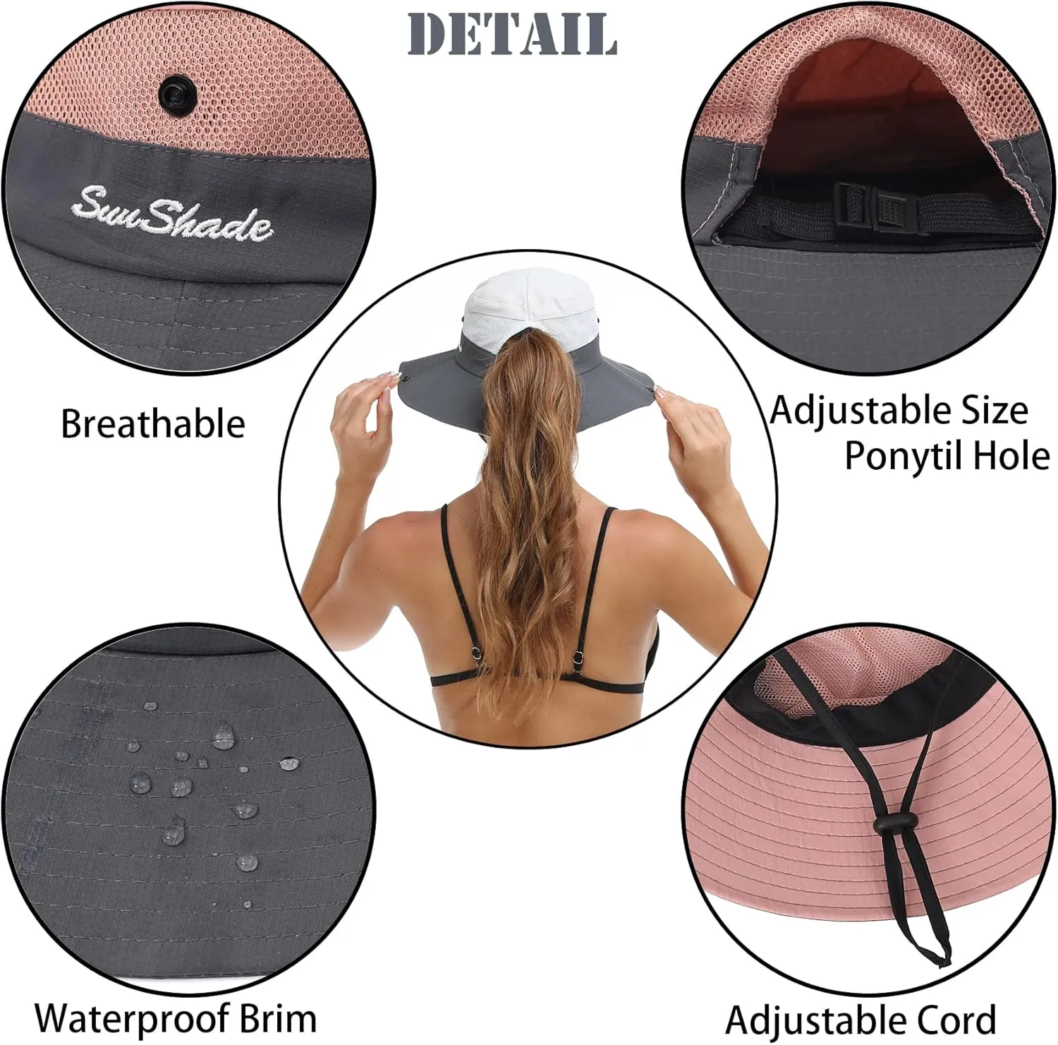Womens Summer Sun Hat Beach Hat Wide Brim Outdoor UV Protection Hat Foldable Cool Mesh Ponytail Bucket Hat